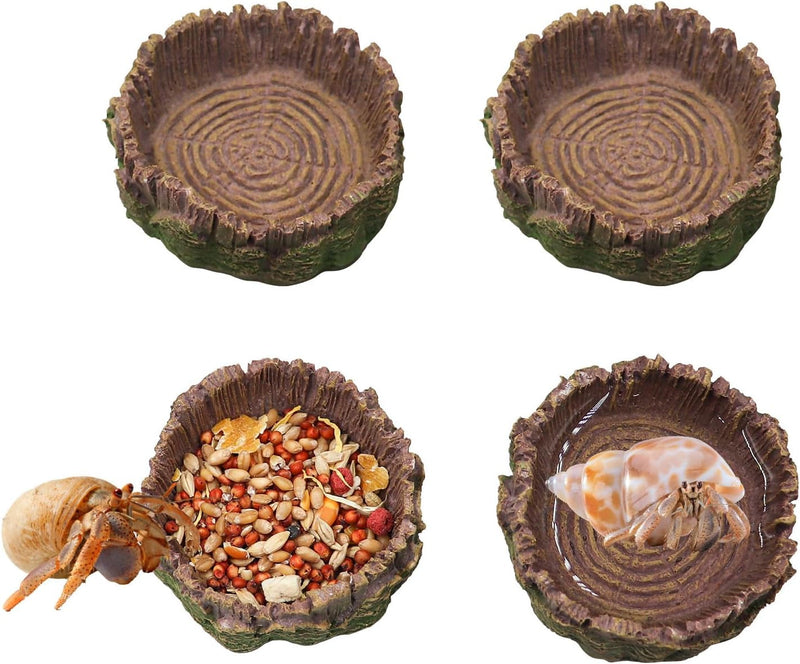 4 Pack Hermit Crab Water Dish Food Bowl, Resin Tree Trunk Reptile Feeding Bowls, Tank Aquarium Accessories for Bearded Dragon Leopard Gecko Lizard Tortoise Snail Toad Frog - 2.75 Inch in Diameter