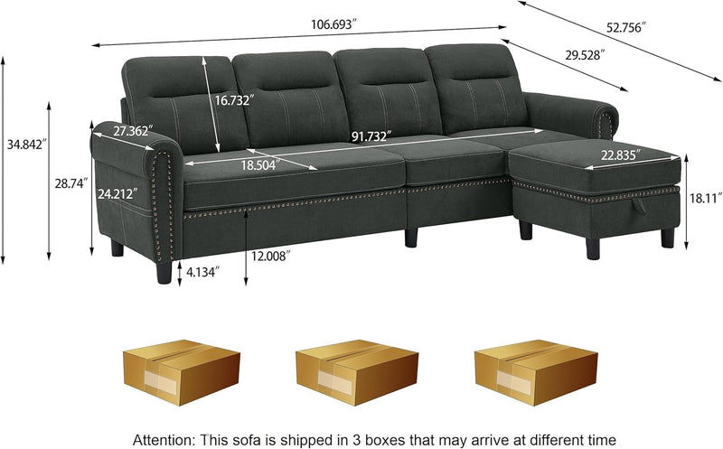107" Convertible Sectional Sofa, 4-Seat L Shaped Couch with Storage Chaise and Side Pocket, Modern Linen Upholstered Couches for Living Room, Apartment, Black