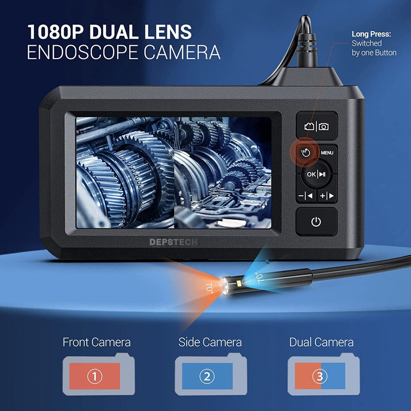 DEPSTECH Dual Lens Industrial Endoscope, 1080P Digital Borescope Inspection Camera, 7.9Mm IP67 Waterproof Camera, Sewer Camera with 4.3" LCD Screen,7 LED Lights,16.5Ft Semi-Rigid Cable,32Gb Card-Black