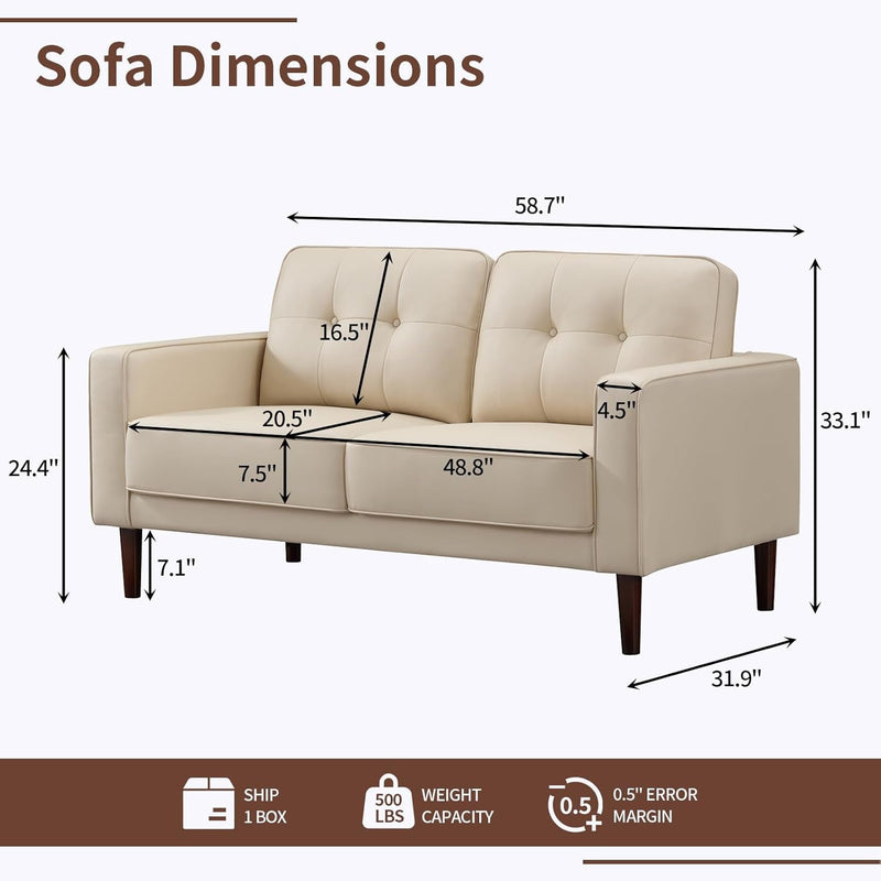 58.7" Air Leather Loveseat Sofa for Living Room, Button Tufted Small Couch for Small Spaces, Mid Century Modern Love Seat with Padded Cushions for Bedroom, Apartment, Office (Beige)