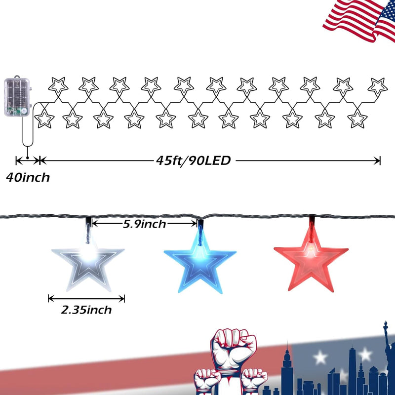 4Th of July Decorations Star Lights, 45FT 90Led Red White and Blue String Lights with 8 Modes, Battery Operated & USB Charge Patriotic Lights for Indoor Outdoor Garden, Golf, Cart Memorial Day Decor