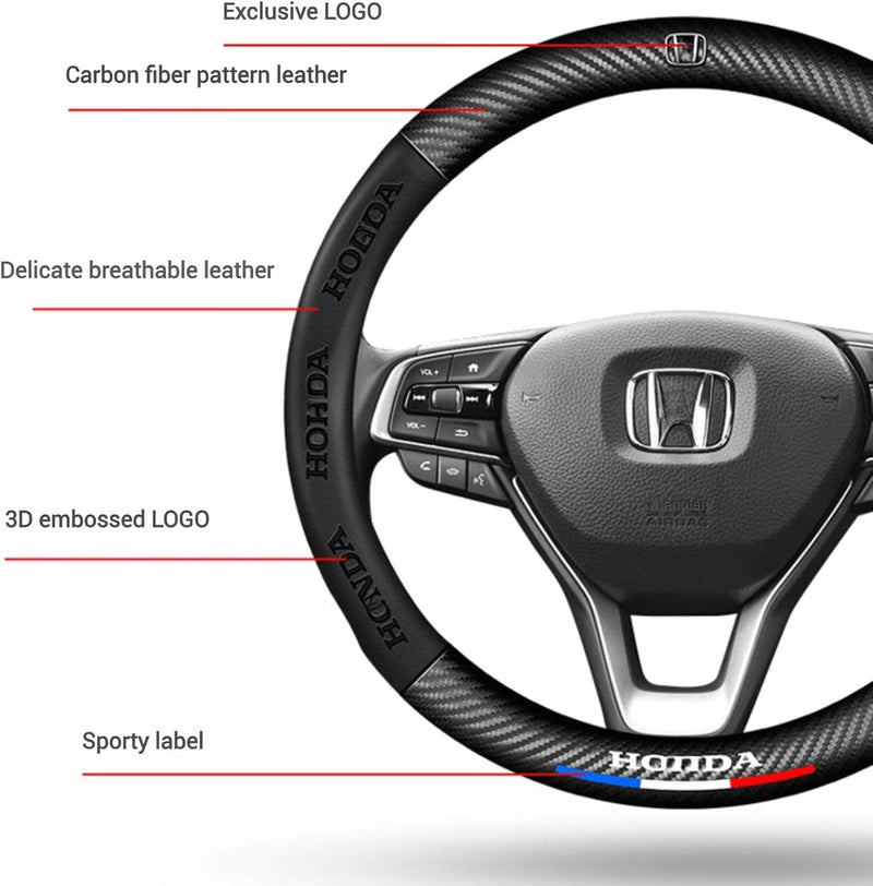 For Honda CRV Accessories Car Accessories Steering Wheel Cover Carbon Fiber Print and Leather Diverse Cars Durable Cover with Anti-Slip Lining for Diameter of 14.5"-15"Wheels (Carbon Fiber+Leather)