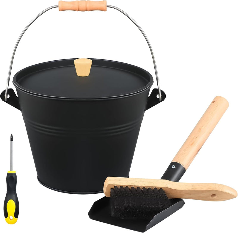 FEED GARDEN 1.5 Gallon Mini Ash Bucket with Lid,Shovel,Broom and Screwdriver,Iron Metal Bucket,Pellet Charcoal Bucket Ash Can for Fireplace Fire Pits,Hearth,Wood Stoves,Indoor Outdoor，Black