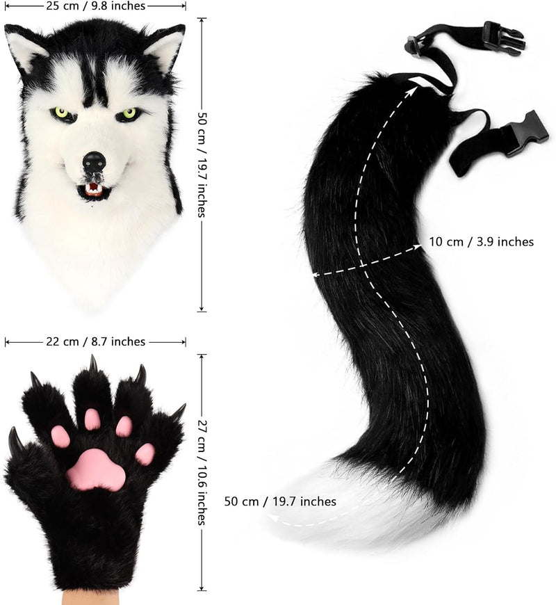 Animal Dog Head Mask Realistic Furry Plush Tail Claw Gloves Full Wolf Masks for Halloween Party Carnival Cosplay