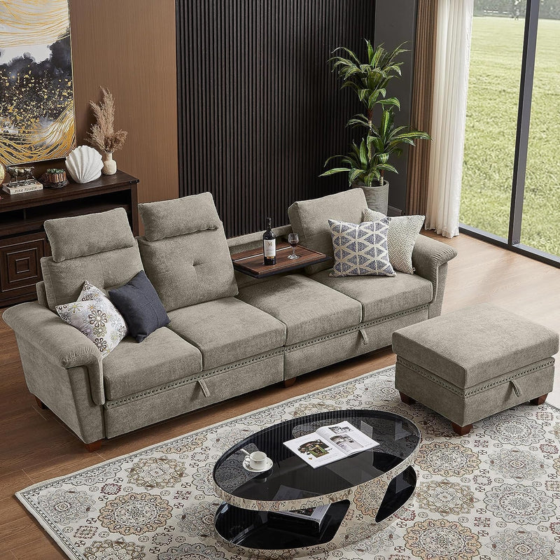 Convertible Sectional Sofa with Storage, 4 Seat L Shaped Couch with Chaise and Cup Holder, Modern Microfiber Fabric Sofas Couches for Living Room, Dark Coffee