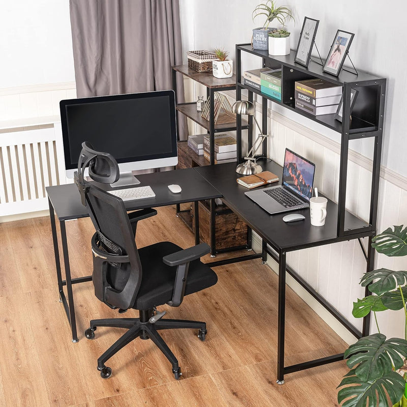 Becko US L Shaped Desk with Hutch, 56 Inch Corner Computer Desk, Home Office Writing Desk with Storage Shelves, Space Saving (Black)
