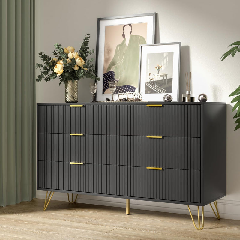 Black Dresser, Modern 6-Drawer Dresser for Bedroom with Gold Handles, Wide Chest of Drawers for Living Room