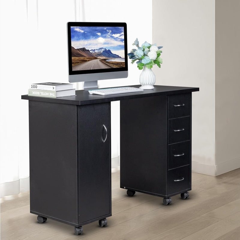 Black 47" Mobile Home Office Desk with Cabinet & 4 Drawers, Rolling PC Desks Table, Computer Desk on Wheel, Office Desk with Storage Shelves, White Desk, Mobile Training Table for Collaboration