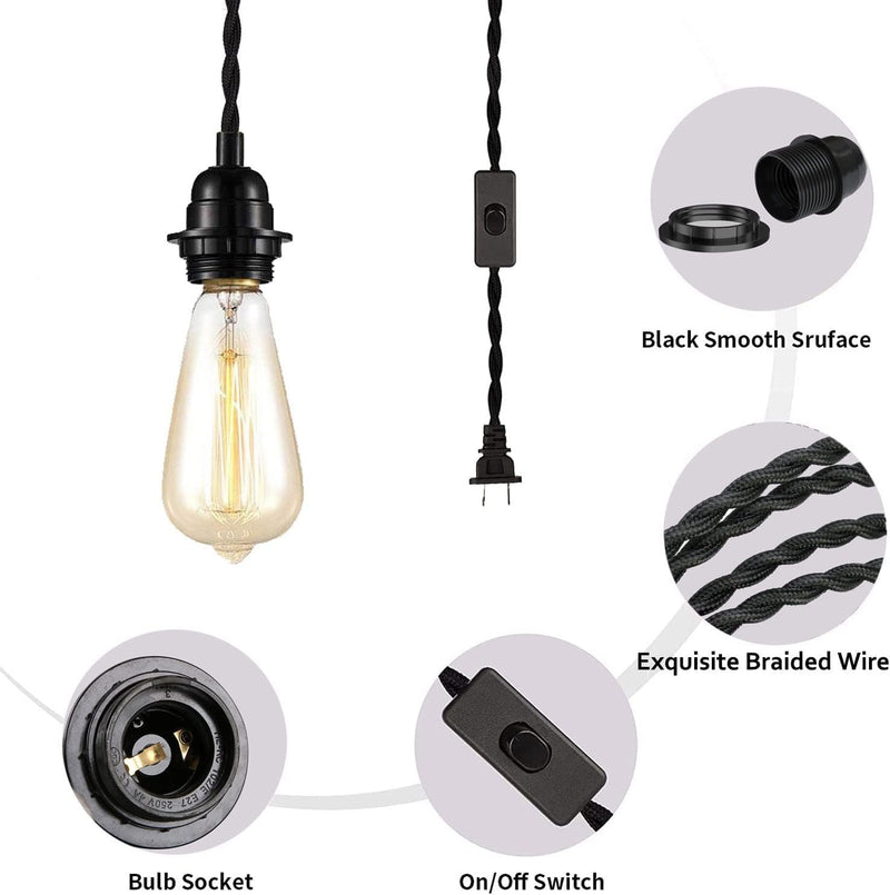 DIY 15Ft Plug in Black Pendant Light Cord - Industrial Vintage Ceiling Hanging Light Kit with Twisted Hemp Rope Switch Fabric Lamp Cord E26 Socket Set Edison Lighting Fixture Cable Farmhouse Kitchen