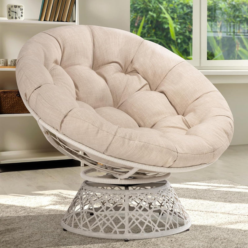 Bme 40" Ergonomic Wicker Papasan Chair with Soft Thick Density Fabric Cushion, High Capacity Steel Frame, 360 Degree Swivel for Living, Bedroom, Reading Room, Lounge