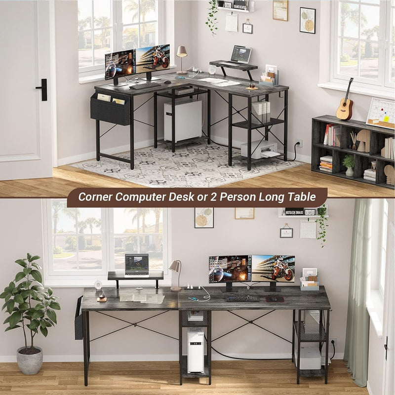 Aheaplus L Shaped Desk with Outlet and USB Charging Ports, L-Shaped Desk with Storage Shelves Reversible Corner Computer Desk 2 Person Long Table with Monitor Stand Gaming Home Office Desk, Oak