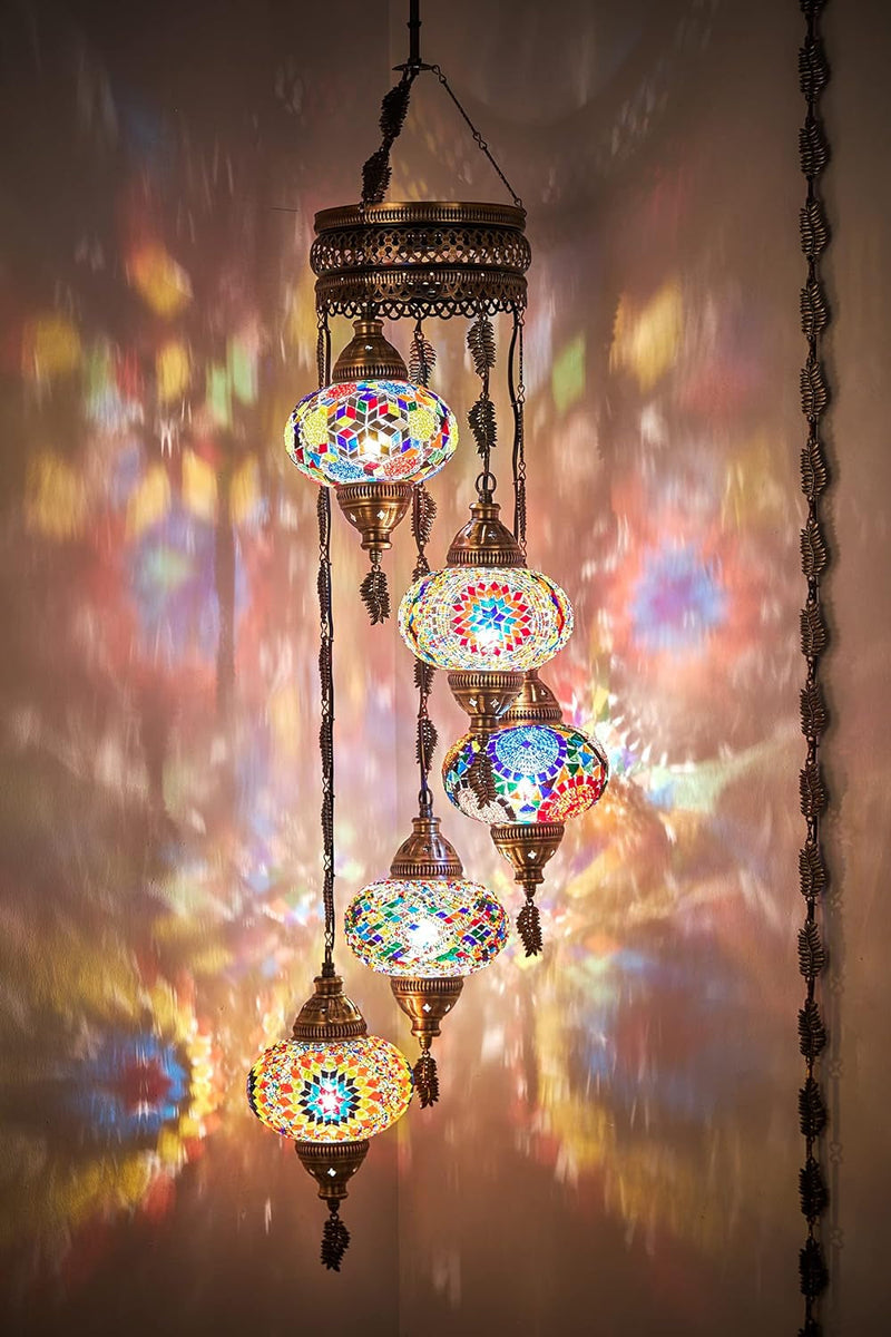 DEMMEX Swag Plug in Light, Turkish Moroccan Colorful Mosaic Stained Glass Wall Plug in Ceiling Hanging Light Chandelier Lighting with 15Feet Chain Cord & Plug, 5 Big Shades (Multicolor)