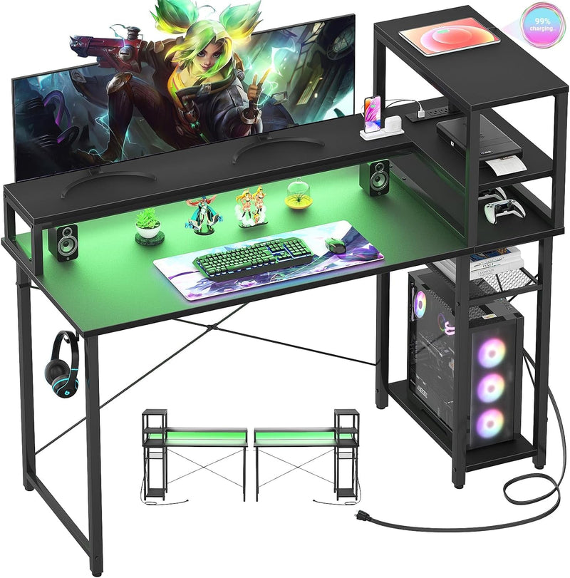 Bureau de jeu Cylysio 39", bureau d'ordinateur avec étagères de rangement réversibles, bureau à domicile avec prises de courant et lumières LED RVB, petit bureau pour jouer, étudier, travailler, noir