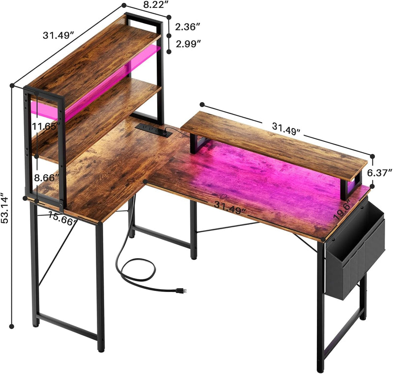 Homieasy L Shaped Computer Desk with Bookshelf, 47 Inch Reversible Corner Gaming Desk with Charging Station & Led Light, Home Office Desk with Hutch Monitor Stand Storage Shelves Bag, Rustic Brown