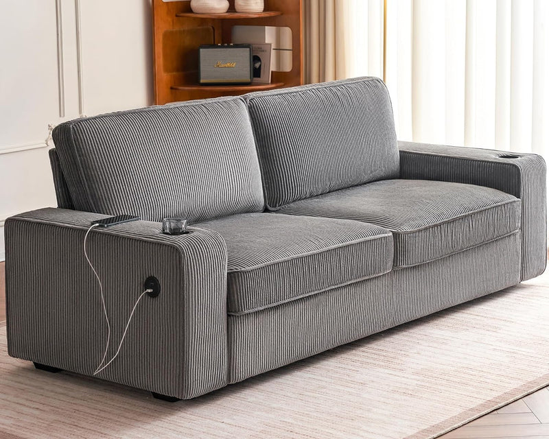 AMERLIFE Couch, 89 Inch Sofa Couch- Deep Seat Sofa with 2 USB Charging Ports & 2 Cup Holders, 3 Seater Couch with Grey Corduroy, Modern Sofas for Living Room