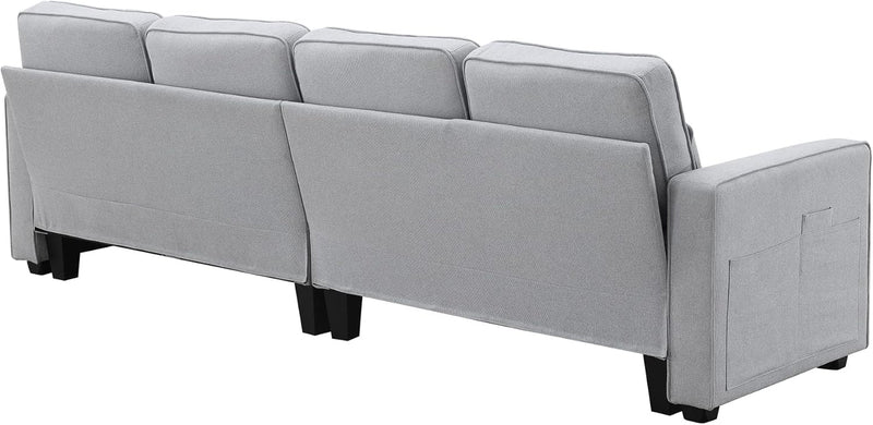 Bellemave Upholstered Sofa Couch with Armrest Pockets and 4 Pillows, 4-Seater Modern Linen Fabric Sofa Minimalist Style Couches for Living Room, Apartment, Office (Light Grey)