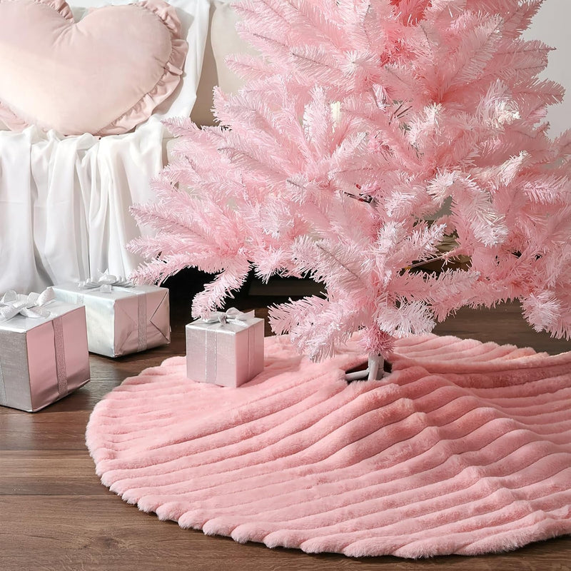 Faux Fur Christmas Tree Skirt: 36 Inch Pink Plush Faux Fur Christmas Tree Skirt with Stripe Textured Pattern, Soft Christmas Tree Decorations for Merry Christmas Home Décor Xmas Party Gifts