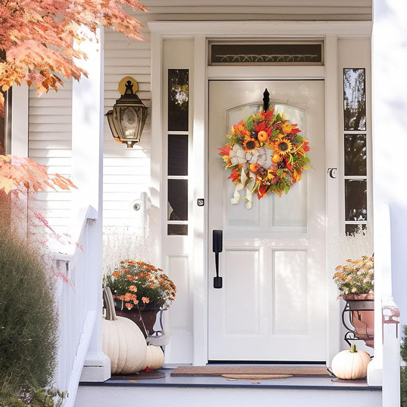 Fall Wreaths for Front Door, Sunflower Autumn Wreath, Pumpkins and Burlap Bows, for Halloween Christmas Farmhouse Indoor Outdoor Outside