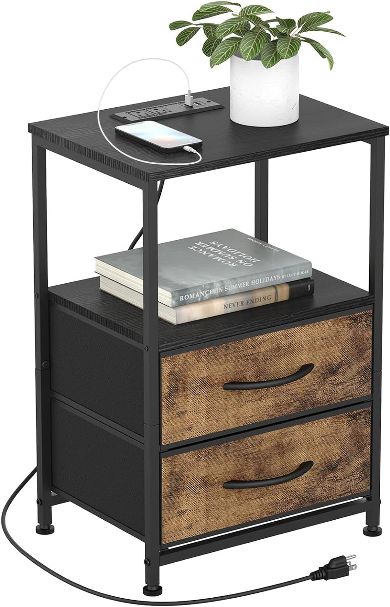 DOMYDEVM Black Nightstand with Charging Station Bedroom Night Stand Bedside Table with USB Ports and Outlets Small Side End Table with 2 Fabric Storage Drawers for Living Room Dorm