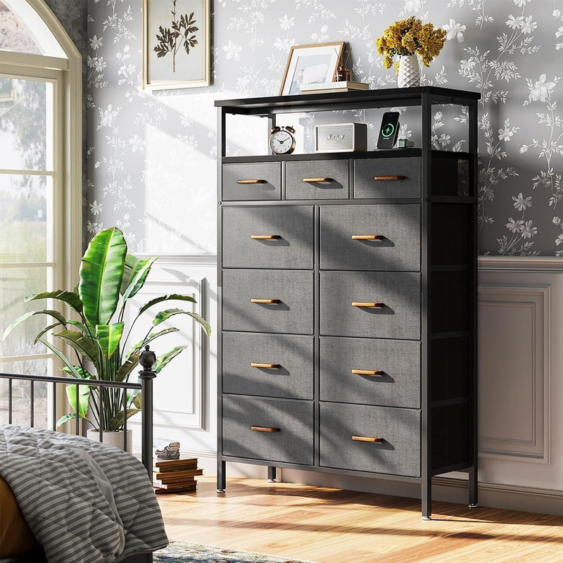 AODK Dresser with Charging Station, 59-Inch Tall Dresser for Bedroom with 11 Storage Drawers, Large Fabric Dressers for Living Room, Hallway, Black and Dark Grey