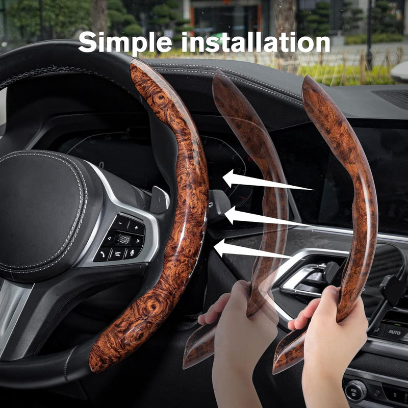 Amiss Car Wood Grain Steering Wheel Cover, Car Interior Accessories, 2PCS Segmented Steering Wheel Protector, Universal 99% Car Wheel Cover Protector (Brown)