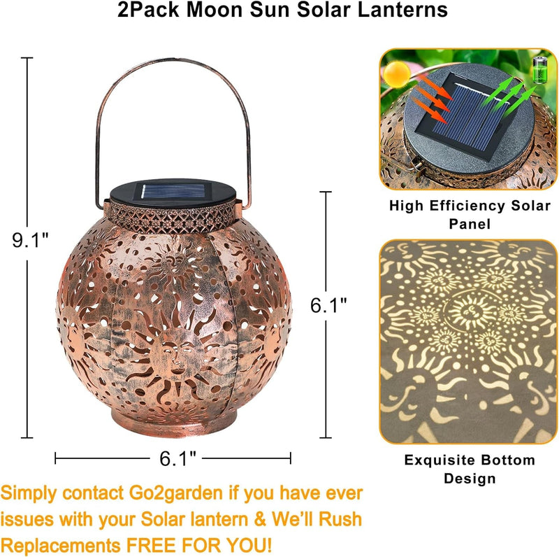 Go2Garden Solar Lanterns Outdoor Waterproof Hanging Garden Lights Metal Moon Star Sun Solar Lantern for Patio, Yard, Tabletop,Birthday, Mothers Day Gift (Bronze,2Pack)