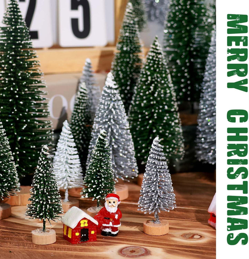 30Pcs Mini Christmas Trees Artificial Christmas Tree Bottle Brush Trees with Wooden Base for Christmas Decor Christmas Party Home Table Craft Decorations(Green+Silver+White)