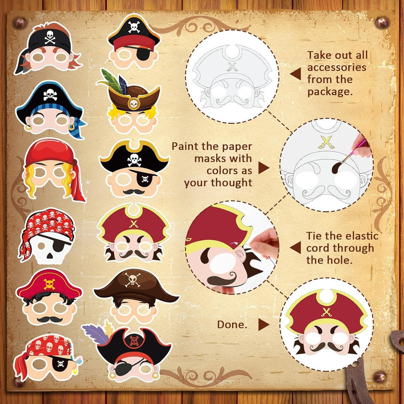 48 Pcs Halloween Pirate Party Favors Paper Crafts Pirate Masks Kids Art and Craft Kits DIY Blank Eye Masks