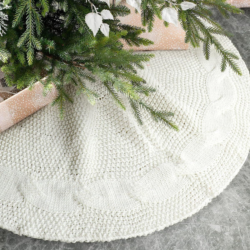 GMOEGEFT Christmas Tree Skirt 24 Inches Cable Knitted Thick Knit White Tree Skirts for Xmas Decor Holiday Decoration (White, 24 In)