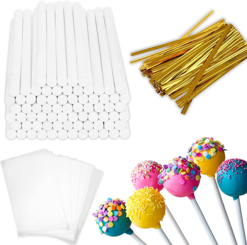 300 PCS Cake Pop Sticks and Wrappers Kit, Including 100Ct 6-Inch Paper Lollipop Sticks, 100Ct Clear Candy Treat Bags Parcel, 100Ct Gold Twist Ties for Cakepop, Lollipop, Hard Candy, Suckers, Chocolate