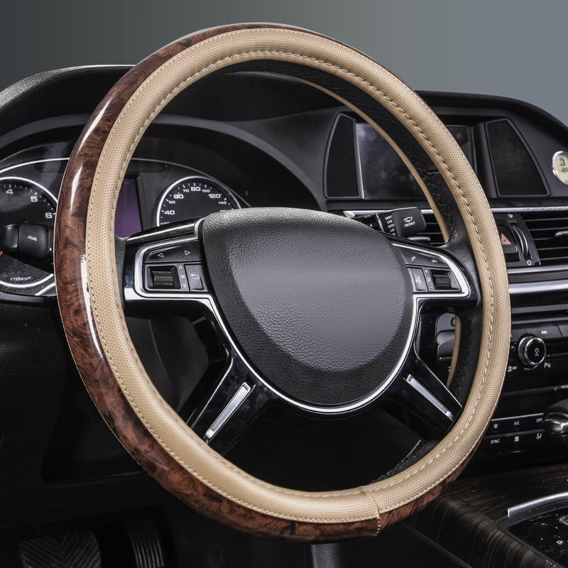 CAR PASS Wood Grain Microfiber Leather Steering Wheel Cover, Universal Fit for 14 1/2-15 Inch Beige Steering Wheel, Anti-Slip Veins Design, Cars,Suvs,Minivans, Sedans (Beige)