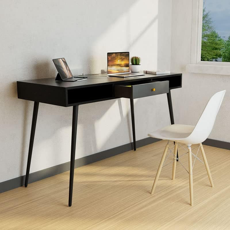 Computer Desk with Drawers and Charging Port, 46.8" Mid Century Home Office Computer Desk with USB Port and Power Outlet for Small Space, 3-Drawer Multifunctional Study Writing Desk, Black