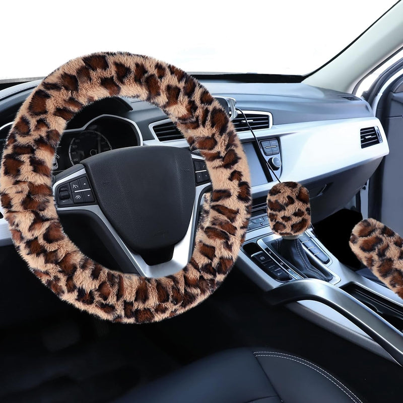 Fuzzy Steering Wheel Cover for Women Girls, Accmor Universal Fit Fur Car Wheel Cover & Handbrake Cover & Gear Shift Cover Set, Leopard Winter Warm Fluffy Vehicle Wheel Protector for Auto, SUV