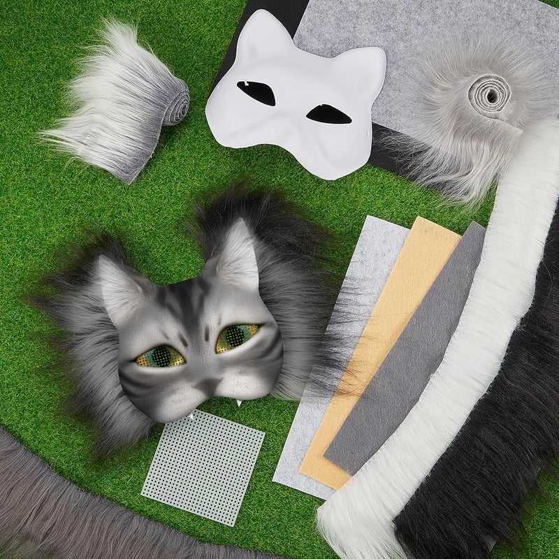 DIY Therian Mask Kit Blank Cat Mask with Felt Fabric Sheet Plush Faux Fur Eye Mesh for Therian Gear Therian Stuff