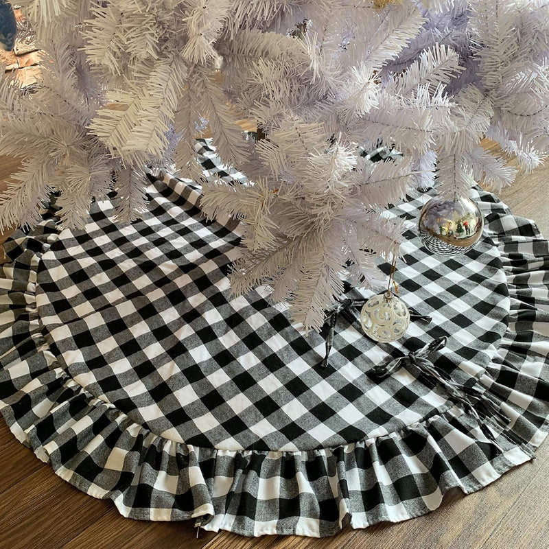 Christmas Tree Skirt Cotton Buffalo Plaid Black and White 48 Inch Ruffle for Xmas Holiday Tree Decorations