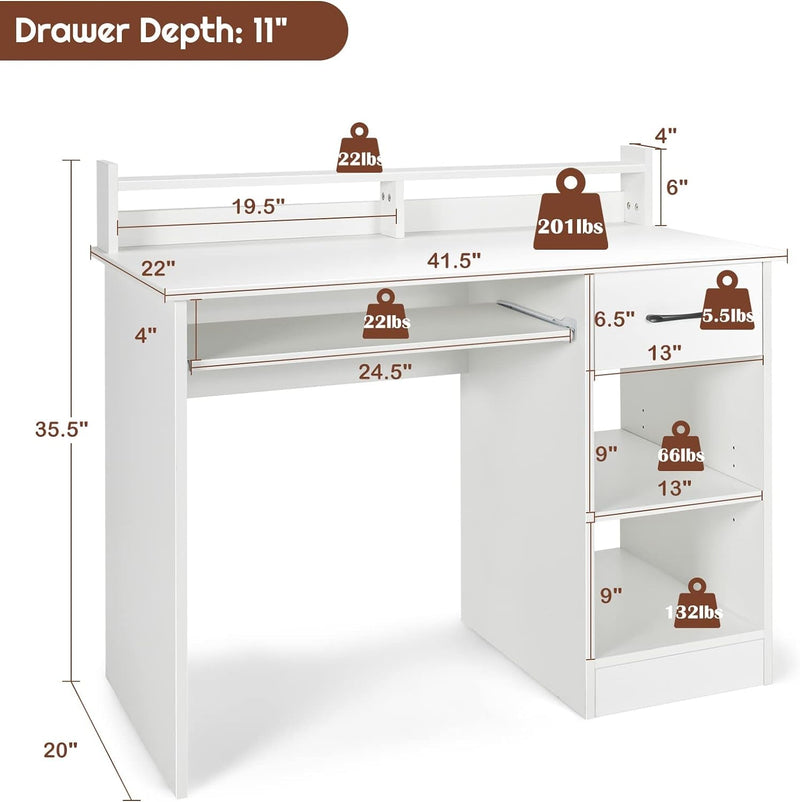 COSTWAY Computer Desk with Hutch, Home Office Desk with Drawer, Adjustable Shelf & Keyboard Tray, Study Writing Desk, Executive Workstation for Living Room, Bedroom & Study (White)