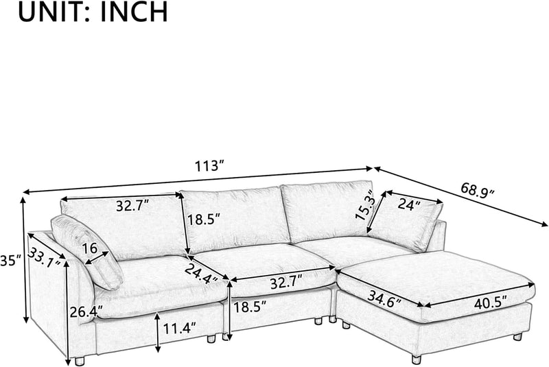 113" Sectional Sofa Couch for Living Room L-Shape Sofa Couch with Ottoman, Upholstered 4-Seat Sofa Couch Fabric Couch Set for Apartment Office Beige