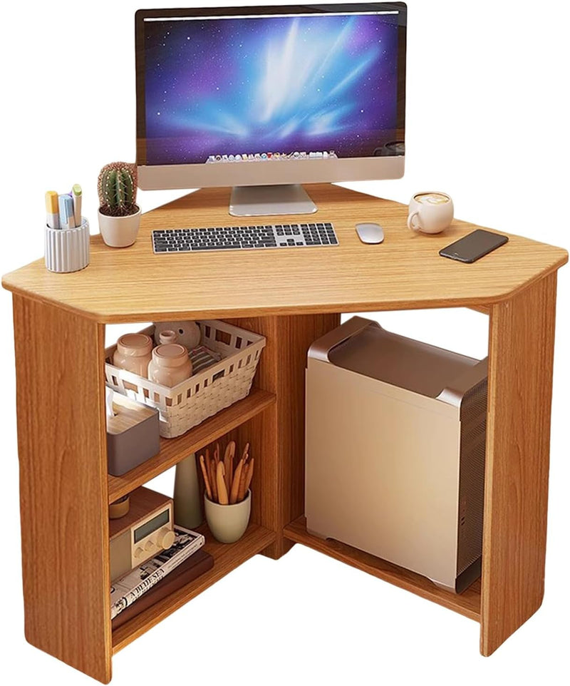 Corner Desk,90 Degrees Triangle Computer Desk,Bedroom Makeup Vanity Desk,Desk with Drawers and Open Shelves,Small Space Industrial Desk for Home Office,Workstation,Living Room Light Brown