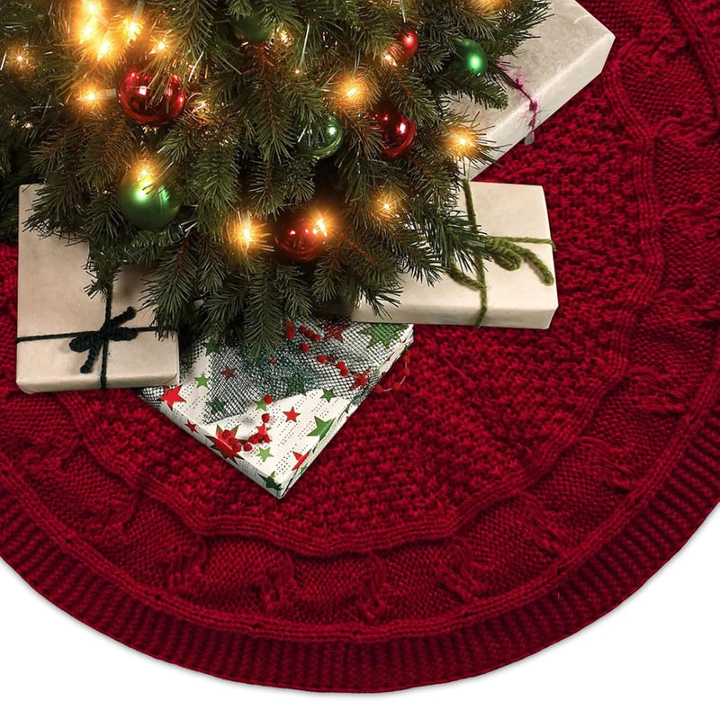 Christmas Tree Skirt, 24 Inches Wine Red Tree Skirts Luxury Cable Knit Knitted Thick Rustic Xmas Holiday Decoration,Home Decor，Dinningroom Christmas Decorations