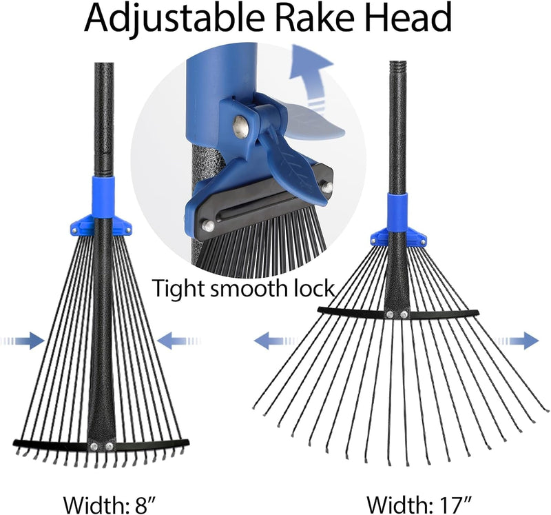 Adjustable Metal Leaf Rake Long Handle, Garden Rakes for Lawns Heavy Duty Leaves with Expandable Head 8-17", Yard Women Kids Rake for Gardening RV Camping