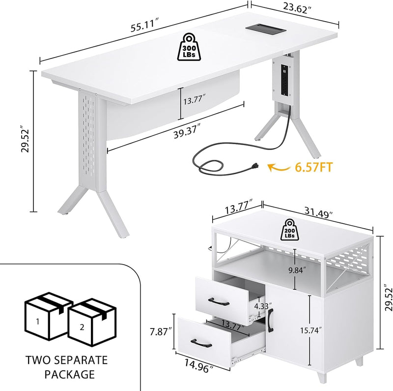 Homieasy L Shaped Office Desk with Storage Cabinet and Recessed Power Strip LED Strip, 55 Inch Thickened Heavy Duty Executive Computer Desk with 2 Drawers and 1 Door Cabinet, White