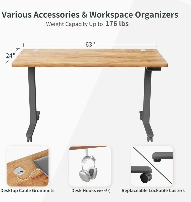 FEZIBO Electric Standing Desk, 63 X 24 Inches Height Adjustable Table, Ergonomic Home Office Furniture with Splice Board, Grey Frame/Light Rustic Brown Tabletop