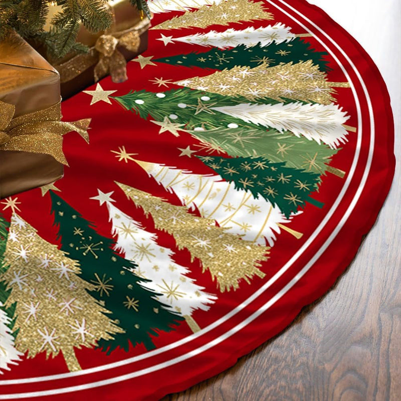 CROWNED BEAUTY Christmas Tree Skirt Collar 48 Inch Xmas Pine Trees Soft Farmhouse Holiday Decoration (Red & Green) TS31