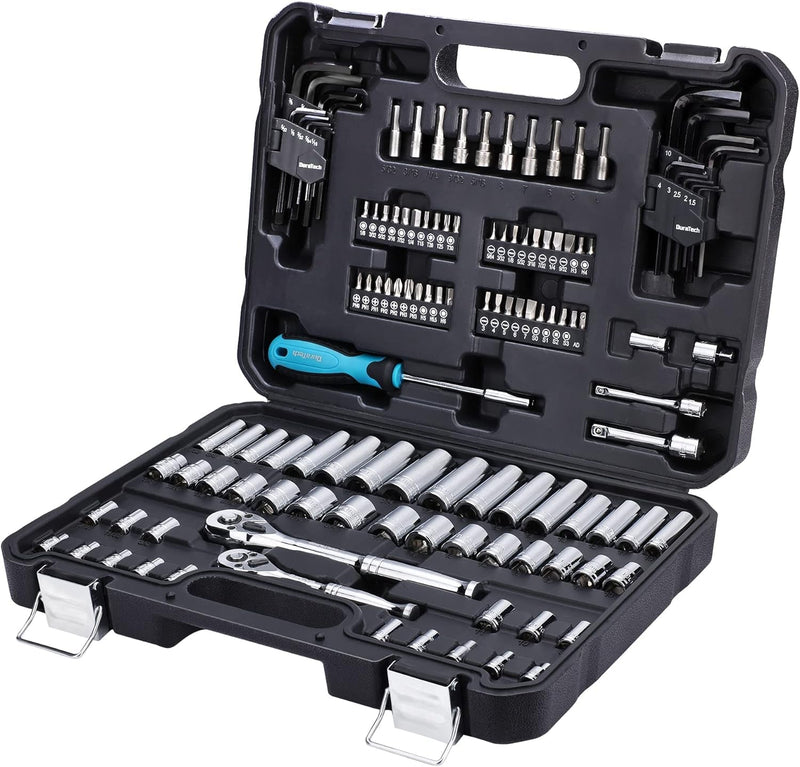 DURATECH 121-Piece Mechanics Tool Kits, Include Sae/Metric Sockets Set, 72-Tooth Drive Ratchet, 40-In-1 Magnetic Screwdriver, and Hex Keys with Carrying Tool Box for Auto Repair