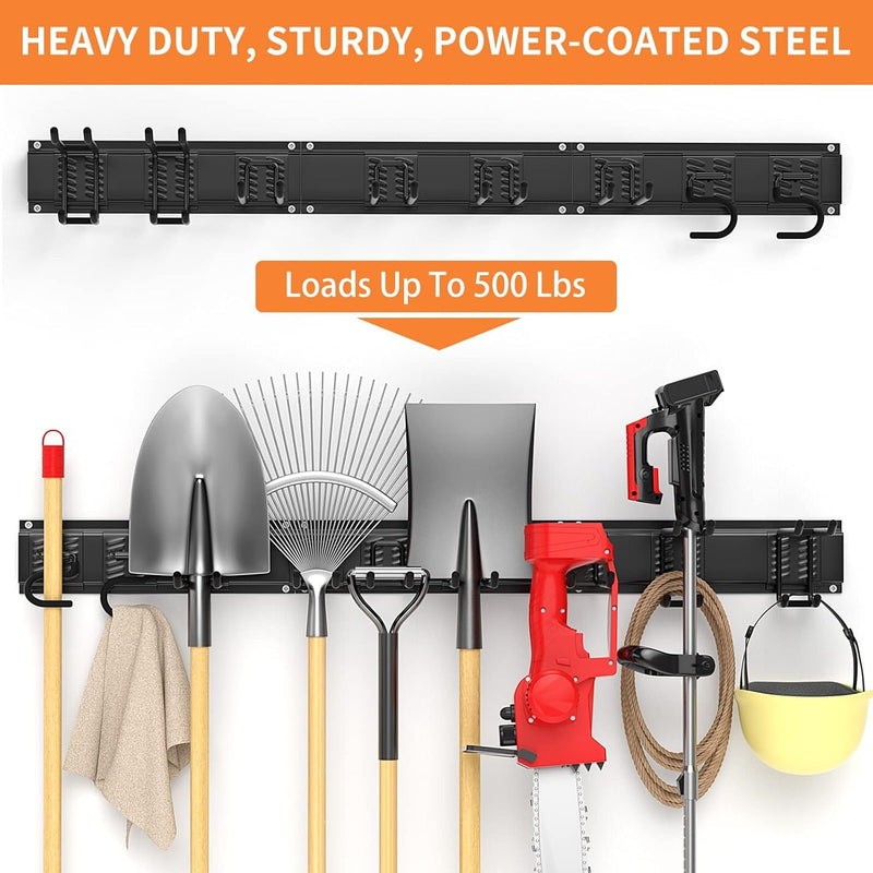 Garage Tool Organizer Wall Mount 11 PCS, Yard Garden Tool Organizer, Adjustable Garage Organizers with 8 Heavy Duty Hooks, Max Load 500Lbs Garage Storage for Garden Tools, Shovels, Trimmers, Hoses