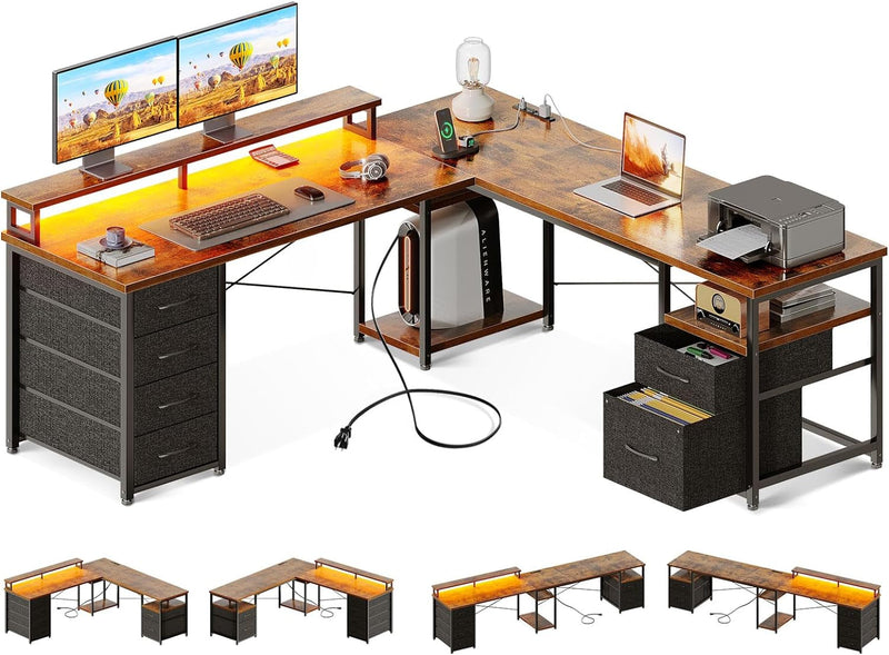 AODK 66" L Shaped Computer Desk, 113“ Reversible Home Office Desk with File Cabinet & 4 Fabric Drawers, Two Person Desk with LED Lights & Power Outlet, Corner Gaming Desk with Monitor Shelf, Black