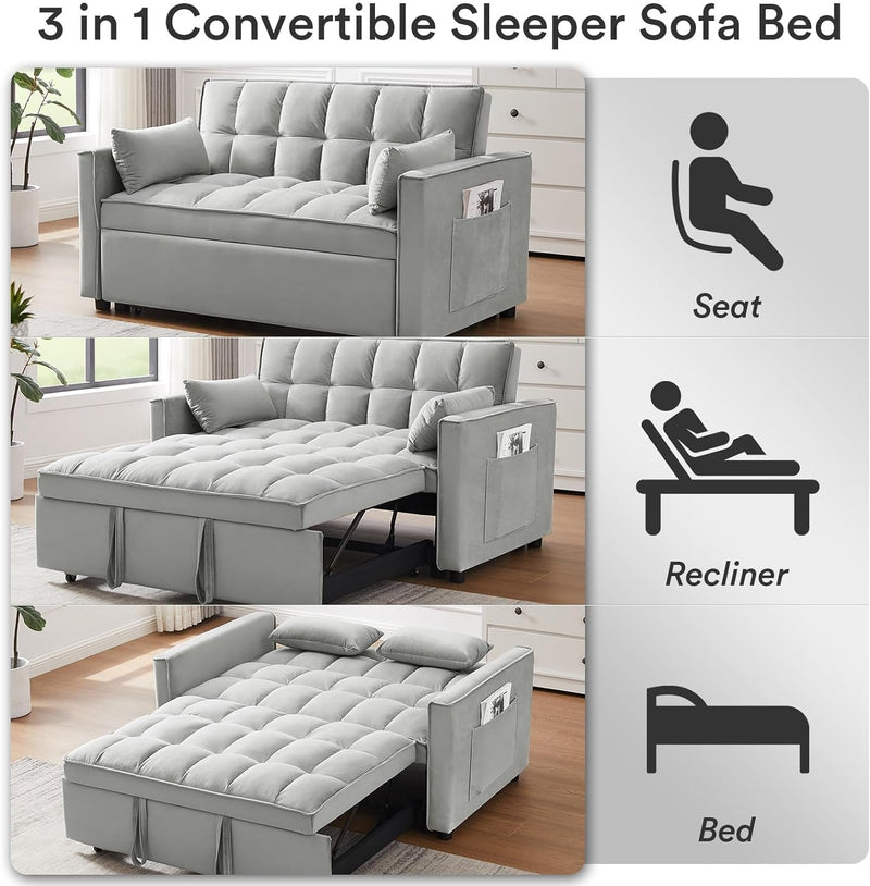 3 in 1 Convertible Sleeper Sofa Bed Velvet Chaise Lounge for Living Room, Ash Grey