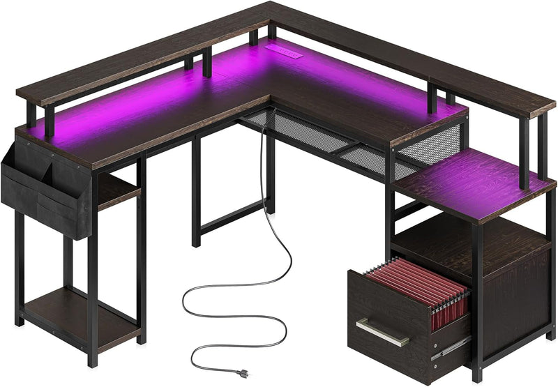 BELLEZE Computer Desk with Monitor Stand and File Cabinet, 104" Long Gaming Desk with RGB LED Lights and USB AC Outlet, Reversible L-Shaped Desk for Home Office (Eclipse - Brown)