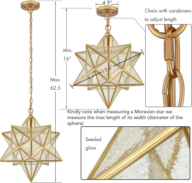 DAYCENT Brass Moravian Star Pendant Lighting Seeded Glass Pendant Lights 13 1/2 Inches