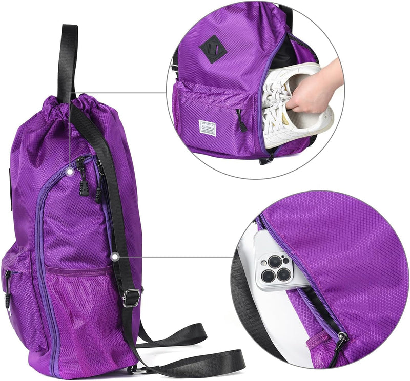 ALUSBELL Large Drawstring Backpack Bag, Sports Gym Bag String Sackpack with Shoes Compartment, Waterproof String Bag Cinch for Women Men(Purple)